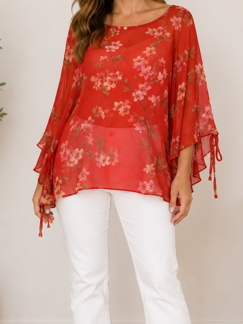 Susan Graver Red Floral Sheer Blouse
